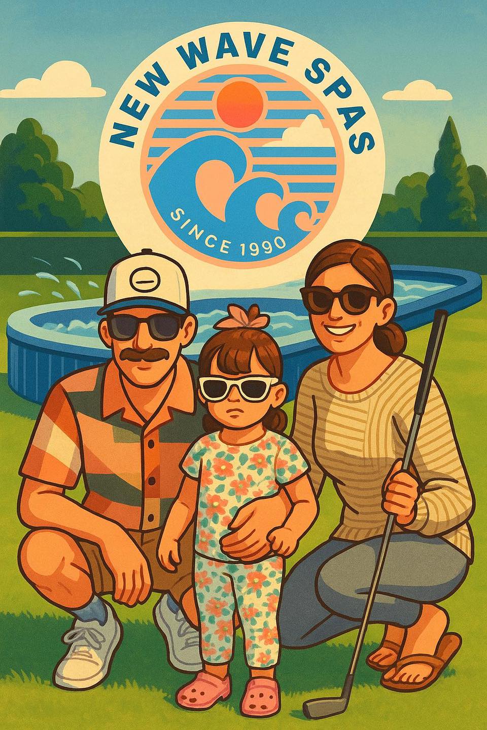 New Wave Spas family with hot tub illustration